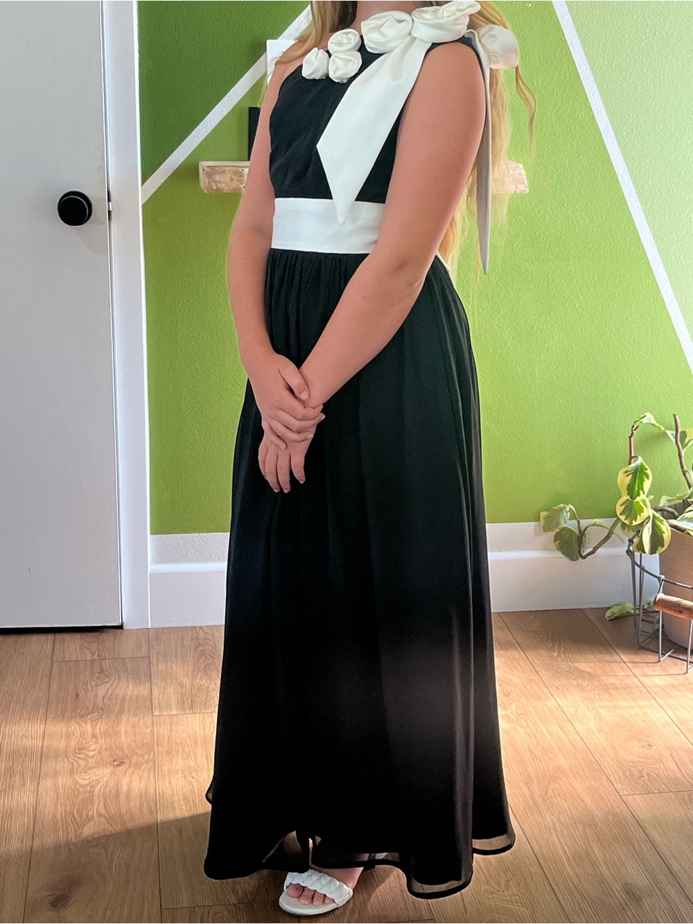 Azazie Black Maxi Dress with White Floral Shoulder and Waist